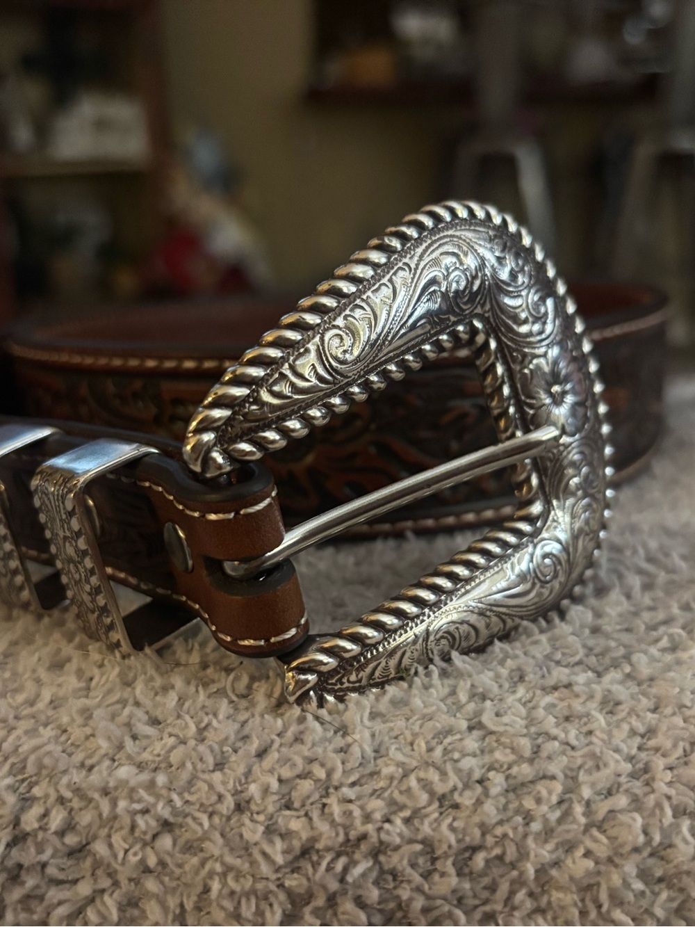 Men's or Women’s Brown Leather Belt with Ornate Silver Buckle
